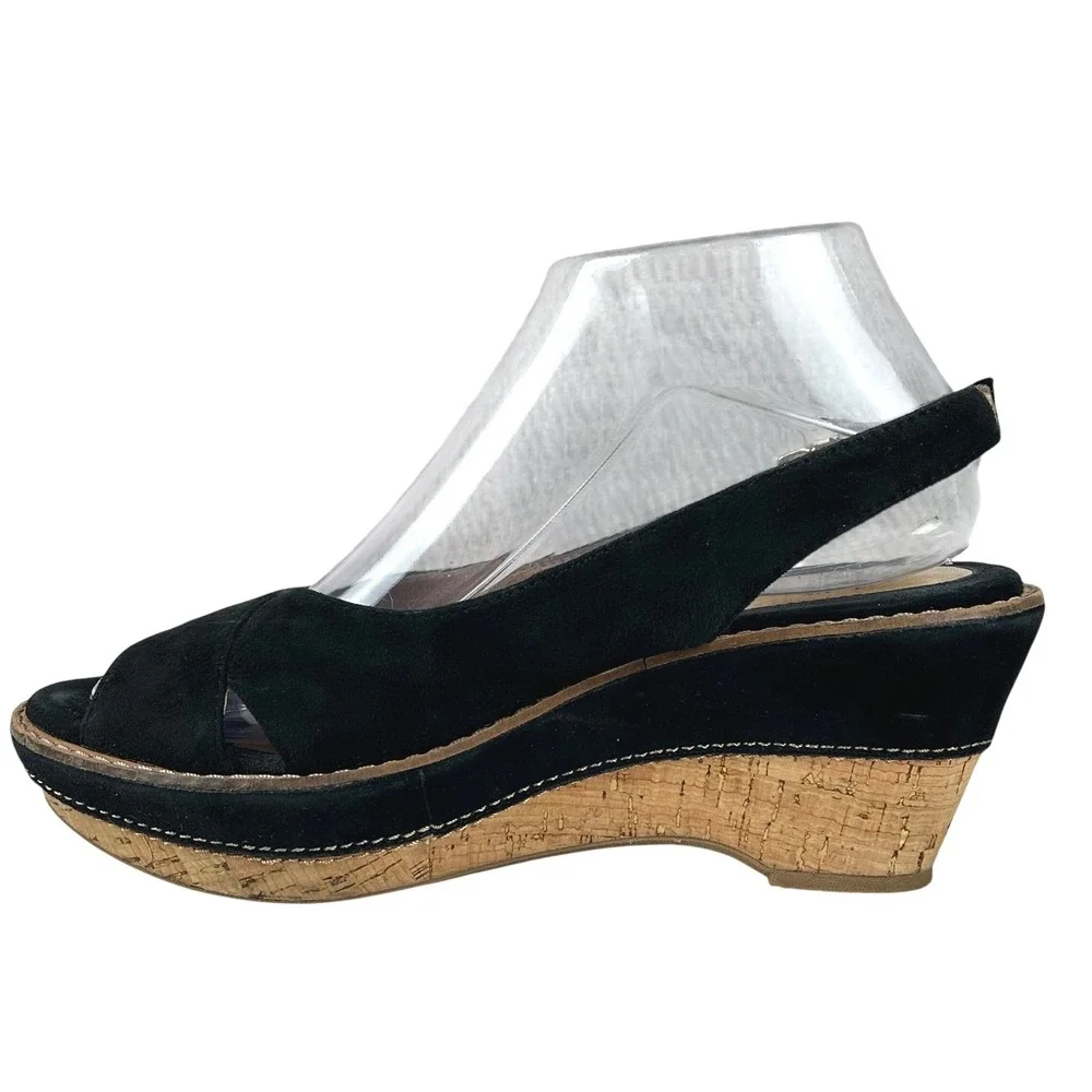 Sofft Womens Black Suede Cork Wedge Peep Toe Slingback Sandals Size 7.5M CBHK12